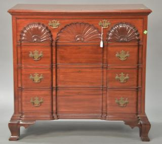 Custom mahogany chest with triple shell carved block front with