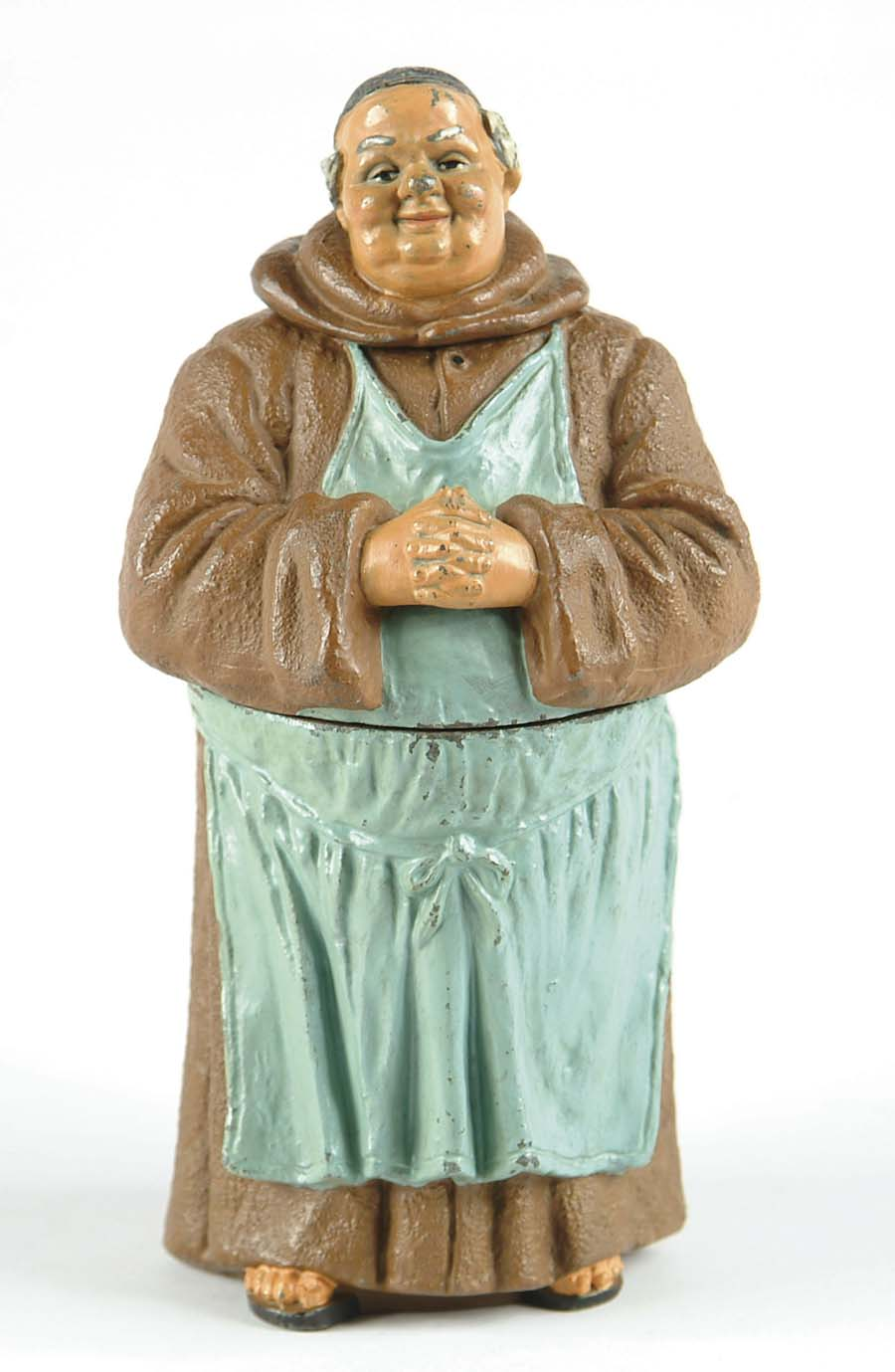 INTERESTING DECORATED METAL MONK HUMIDOR Brass insert holds tobacco on