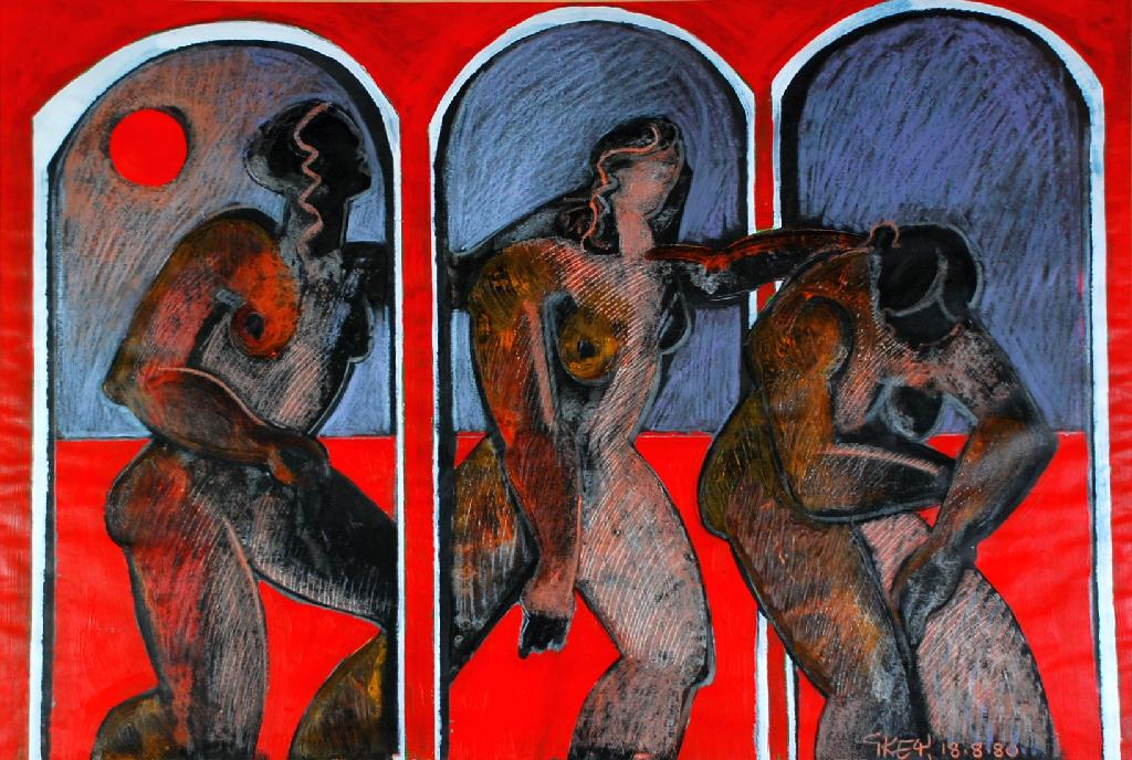 GEOFFREY KEY b 1941 MIXED MEDIA Figures passing through arches