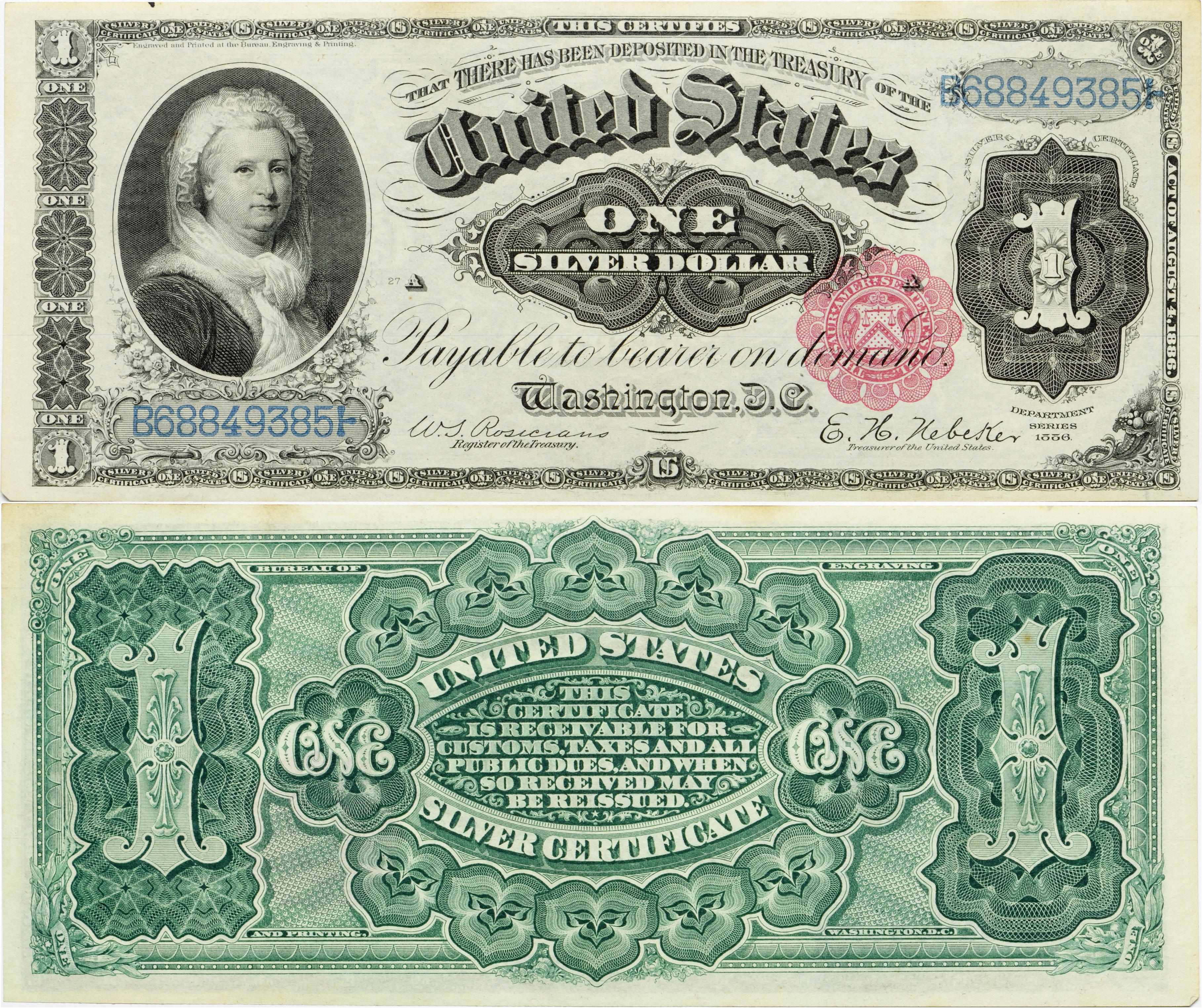 Fr 221 1 Silver Certificate 1886 The Rosecrans Nebeker small