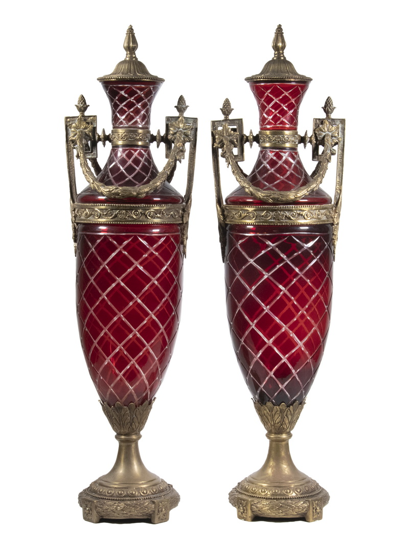 PR EMPIRE STYLE BRONZE MOUNTED CUT GLASS LIDDED URNS Pair
