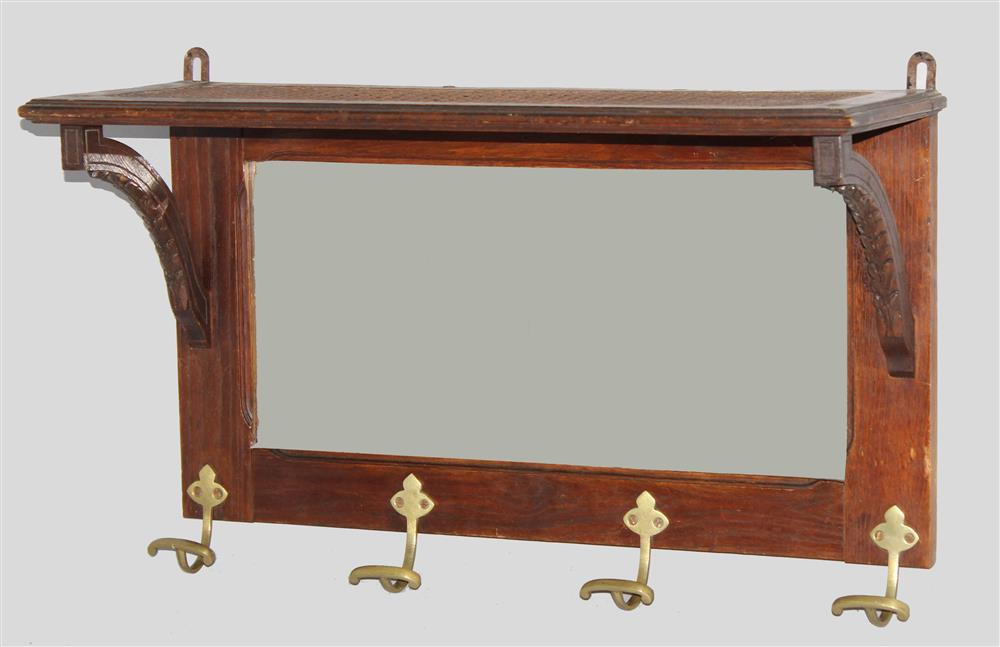 OAK AND BRASS HANGING SHELF AND HAT RACK early 20th