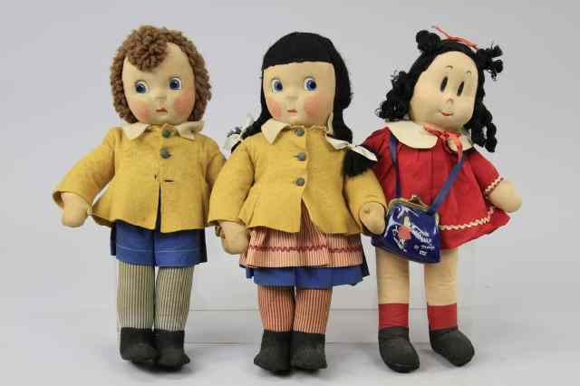 LOT OF THREE AMERICAN CLOTH DOLLS Included are a pair