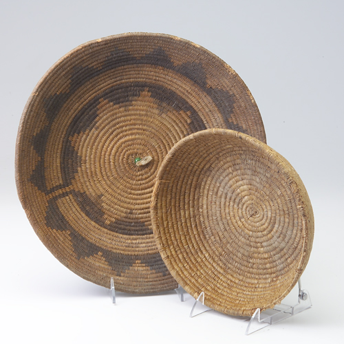 Pair of coiled Native Americna baskets Rod coiled tray with