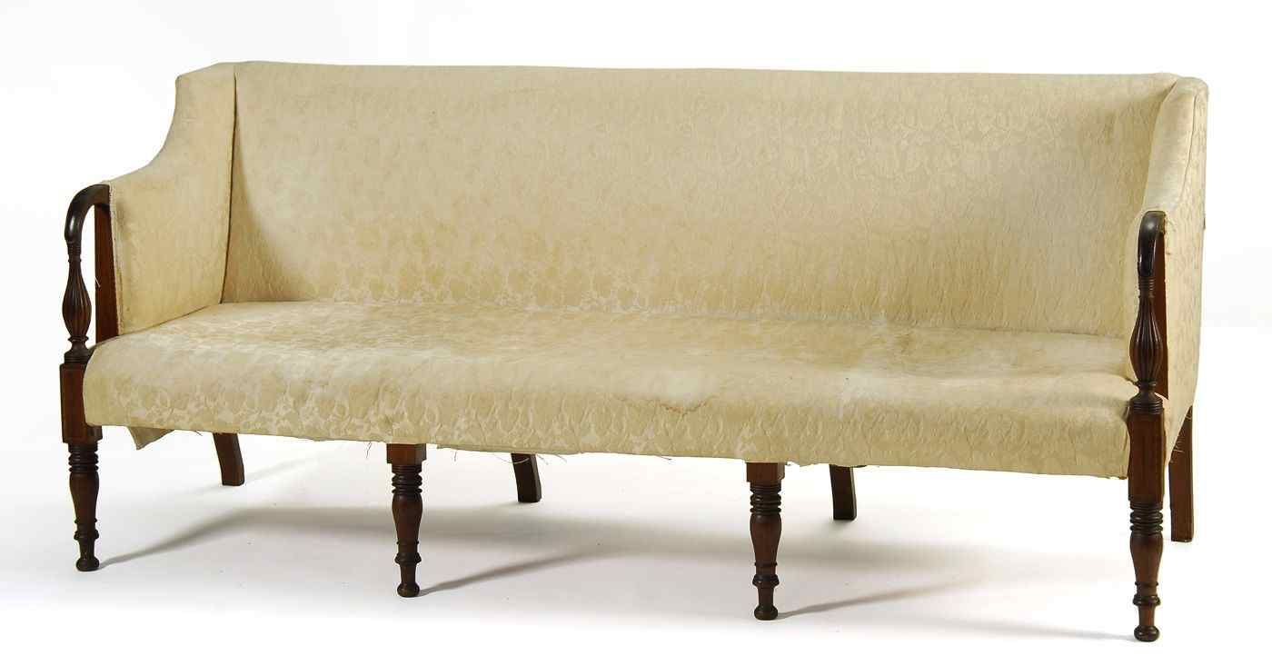 ANTIQUE AMERICAN SHERATON SOFACirca 1810With vasiform scrolled arm supports and