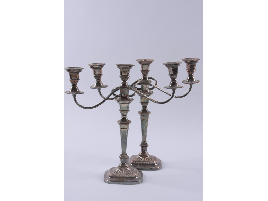Pair George III Style Sheffield Plate Candelabra three light convert