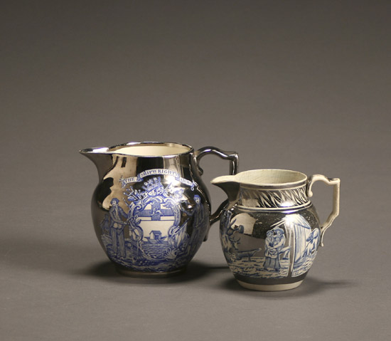Two English Blue Transfer Printed Silver Lustre Jugs 19th Century