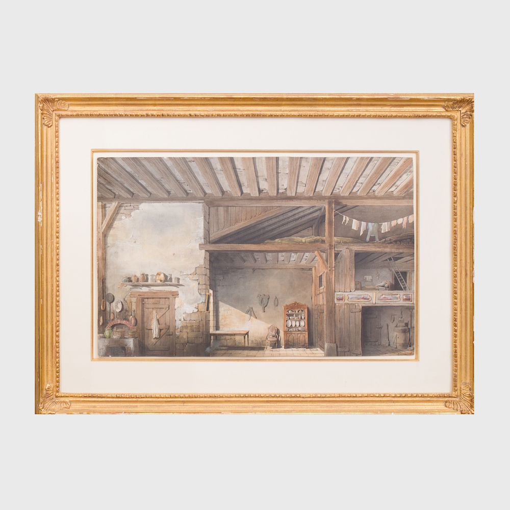 Louis Jourdeuil 1849 1907 Interior Loft and Kitchen Watercolor and