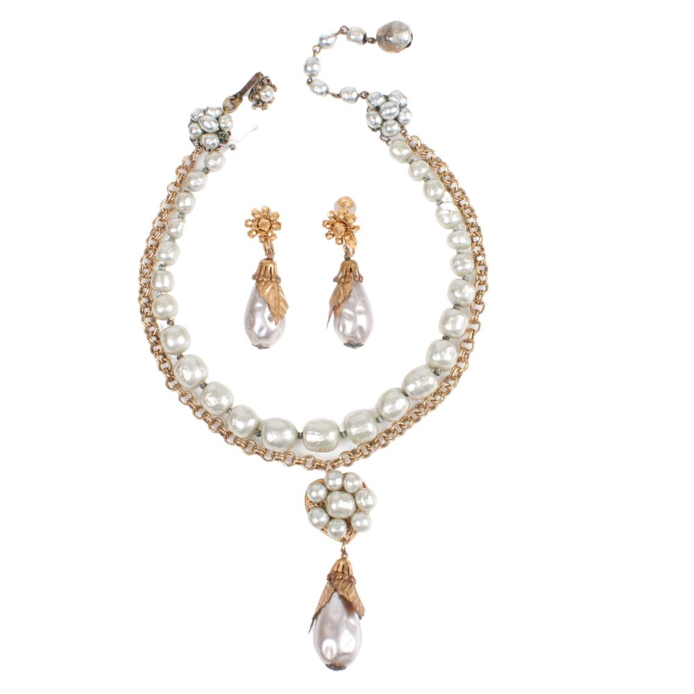 MIRIAM HASKELL GRAY FAUX PEARL NECKLACE EARRING SET DOUBLE STRAND