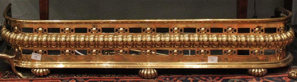 ENGLISH REGENCY BRASS FIREPLACE FENDER WITH TOOLS ca 1820 having