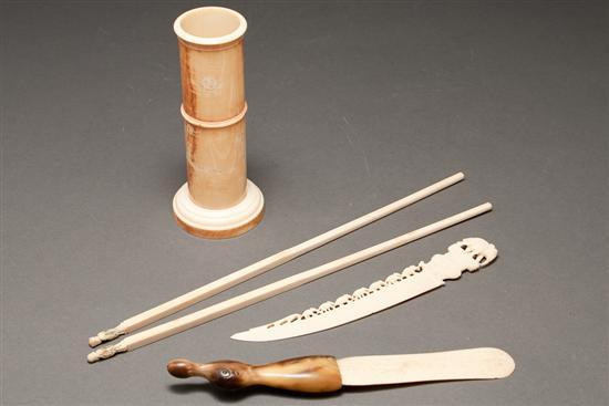 Japanese etched ivory cylindrical pen holder together with a pair