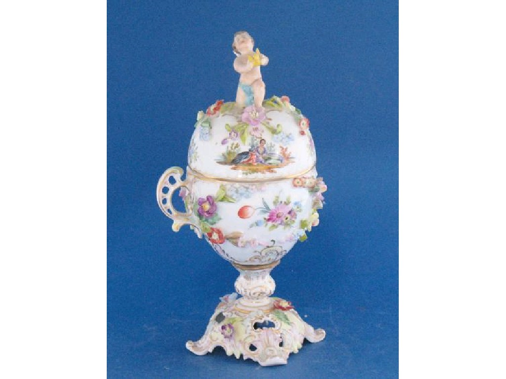 A 19TH CENTURY DRESDEN VASE AND COVER of ovoid form