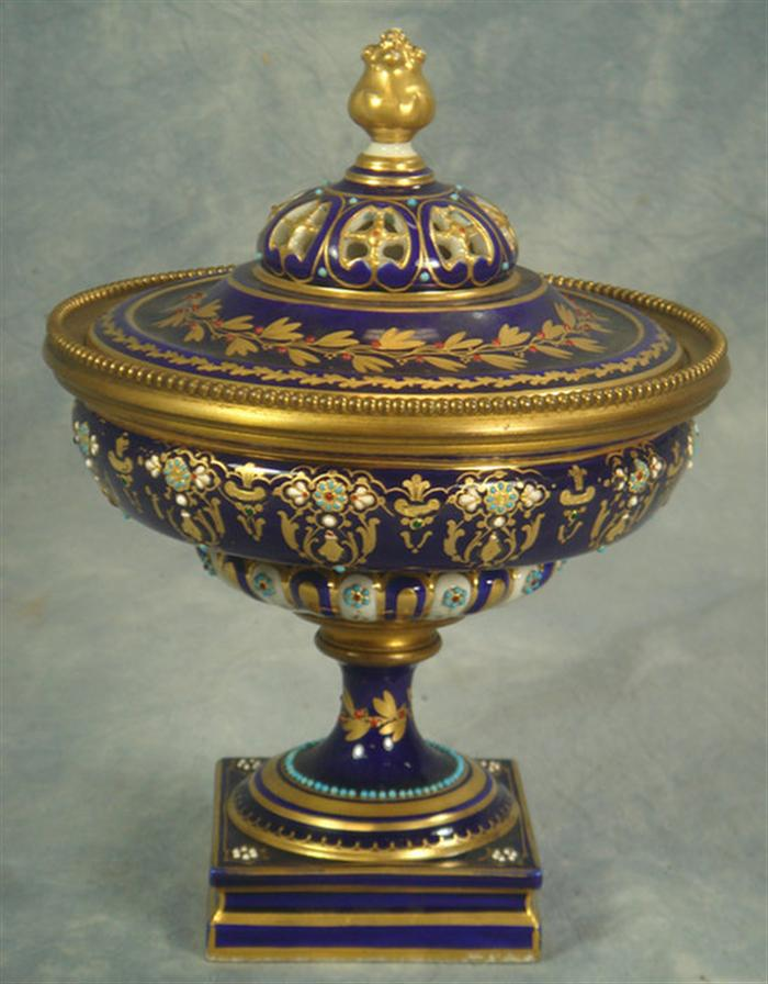 Sevres porcelain covered compote gilt jeweled decoration gilt bronze interior