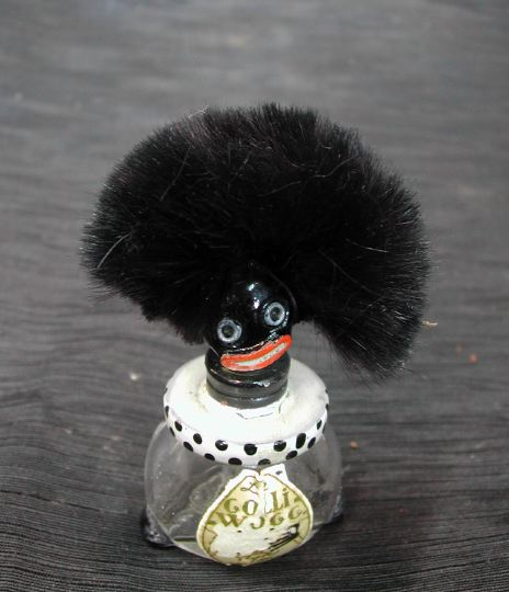 Rare Vigny France Gollywogg Glass Perfume Bottle the stopper modeled