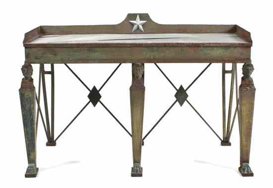 A Neoclassical Style Patinated Metal and Slate Inset Potting Table