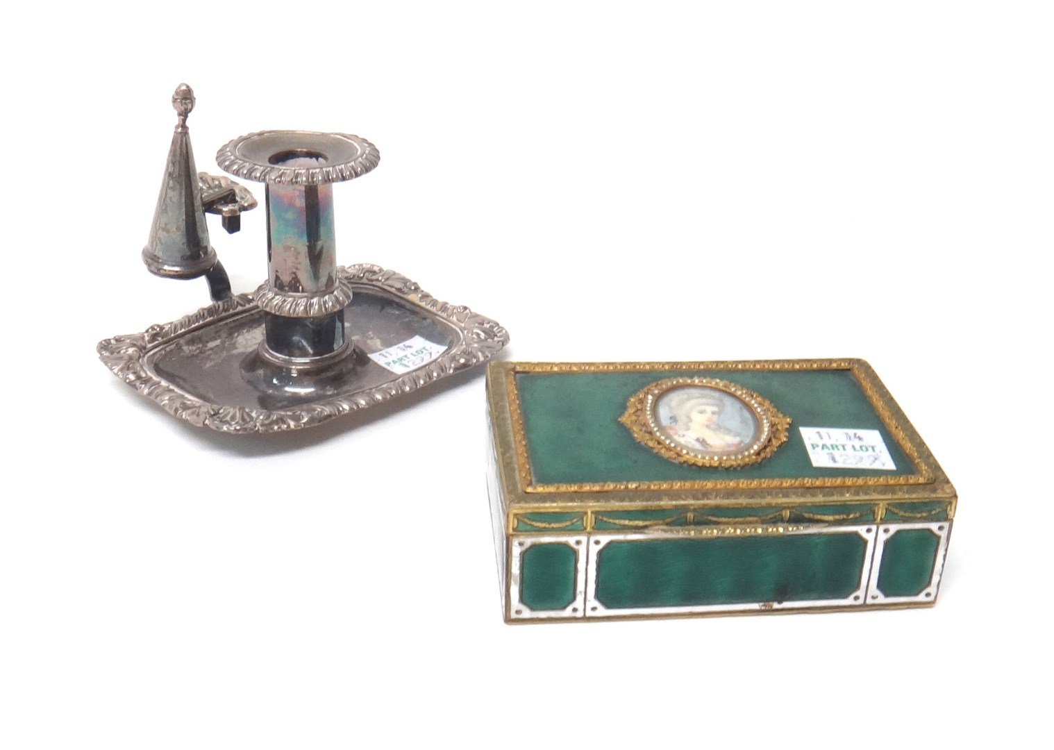 A Sheffield plated small chamberstick decorated with gadrooned borders by