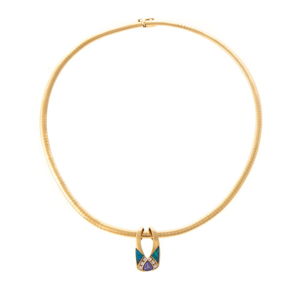 A 14K Omega Necklace with Opal Slide Pendant 14K yellow