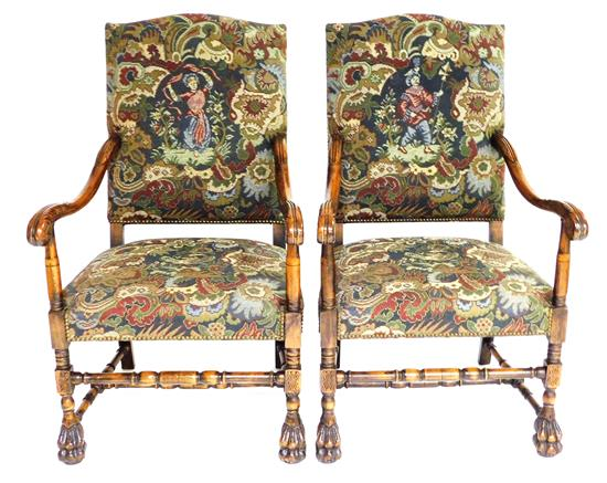 Pair of William and Mary style open arm chairs handcrafted