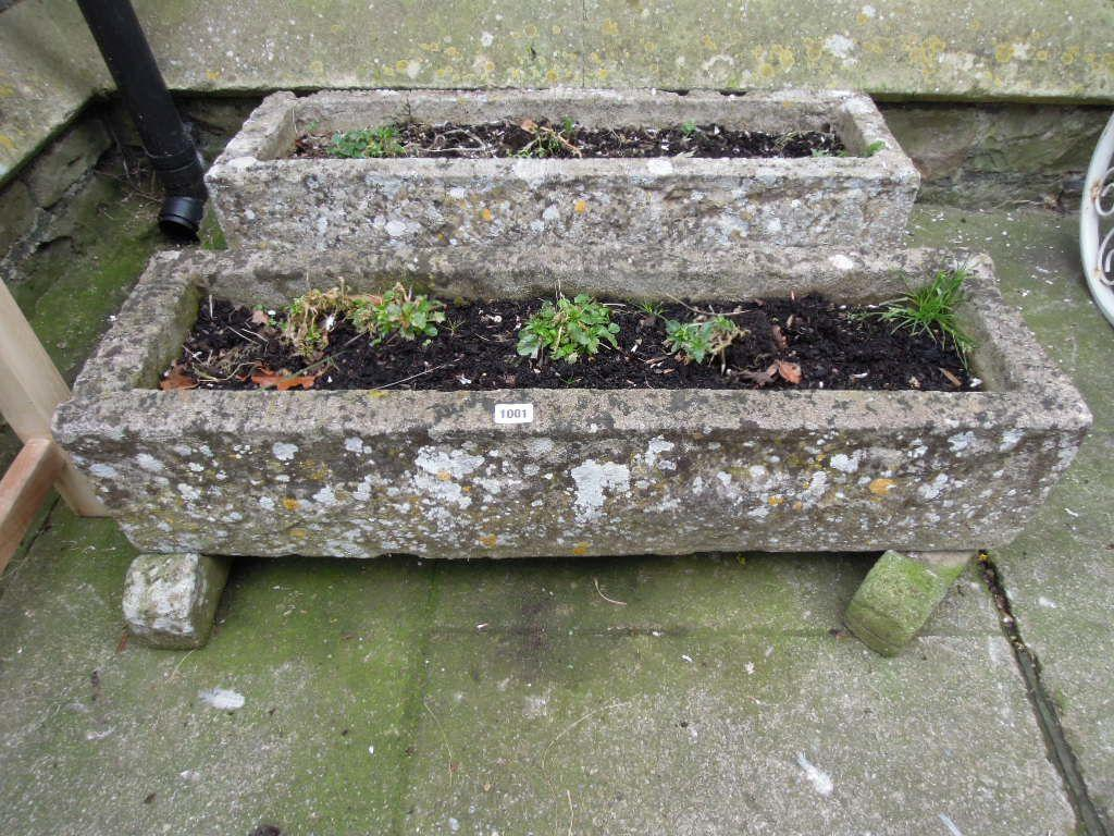 A pair of weathered composition stone garden troughs of rectangular