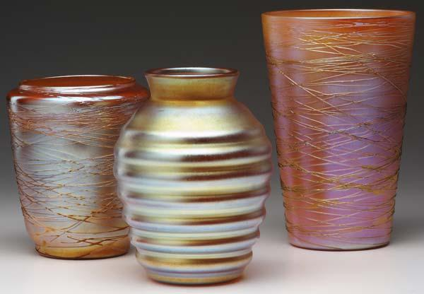 DURAND Three vases two with random gold threading on orange