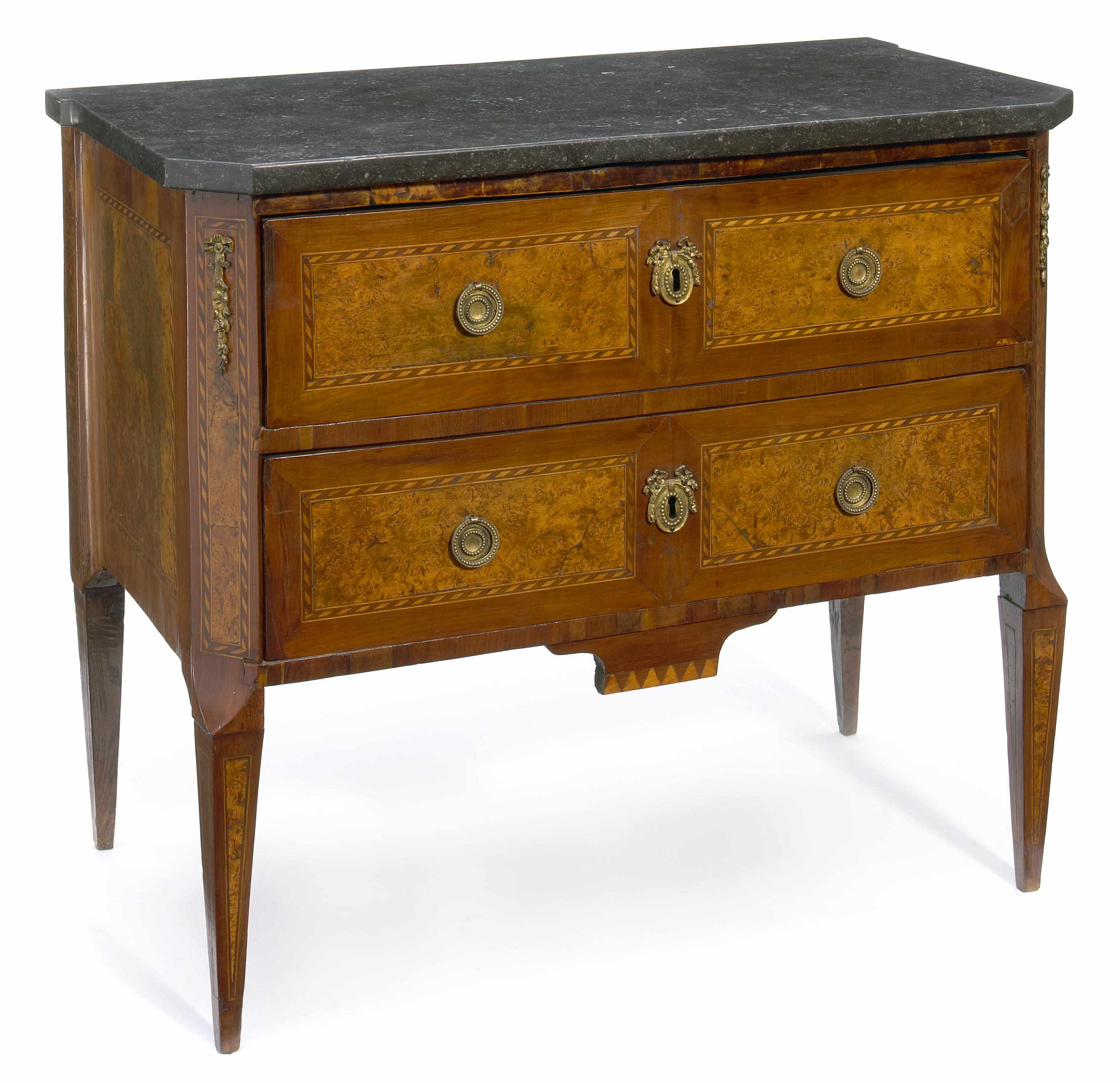 A Louis XV XVI transitional inlaid elm commode fourth quarter