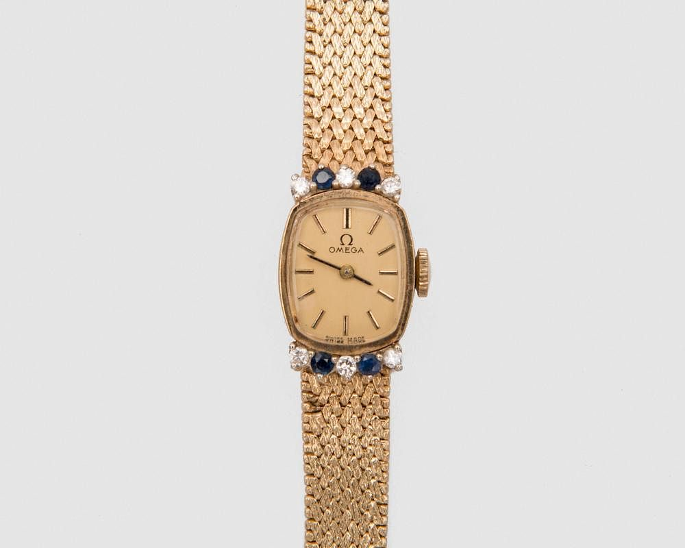 OMEGA 14K Yellow Gold Diamond and Sapphire Wristwatch OMEGA 14K