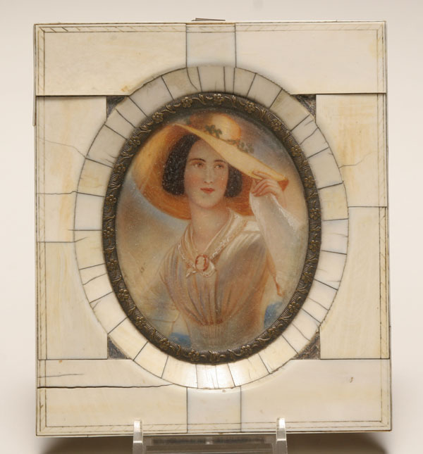 Miniature hand painted portrait on ivory in ivory frame early