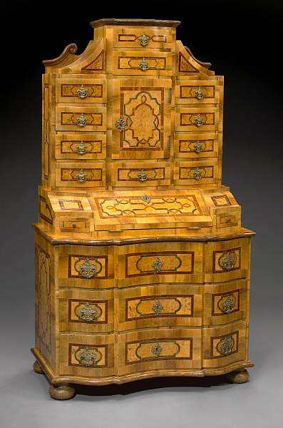 A German Baroque style inlaid walnut secretary cabinet 20th century