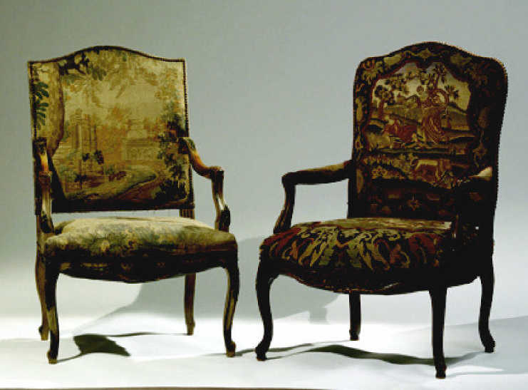 TWO COMPANION FRENCH LOUIS XV STYLE OPEN ARMCHAIRS Needlepoint upholstered