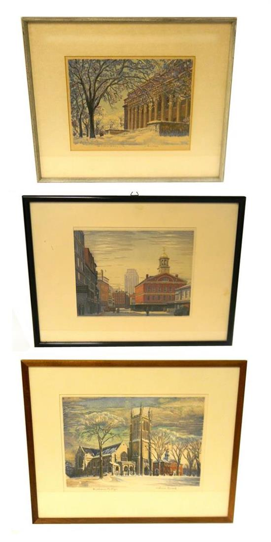 Louis Novak Hungarian American 1903 1983 three colored woodblock prints