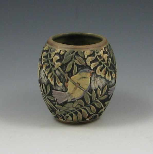 Weller Knifewood Vase marked Weller 5 h small glaze chip
