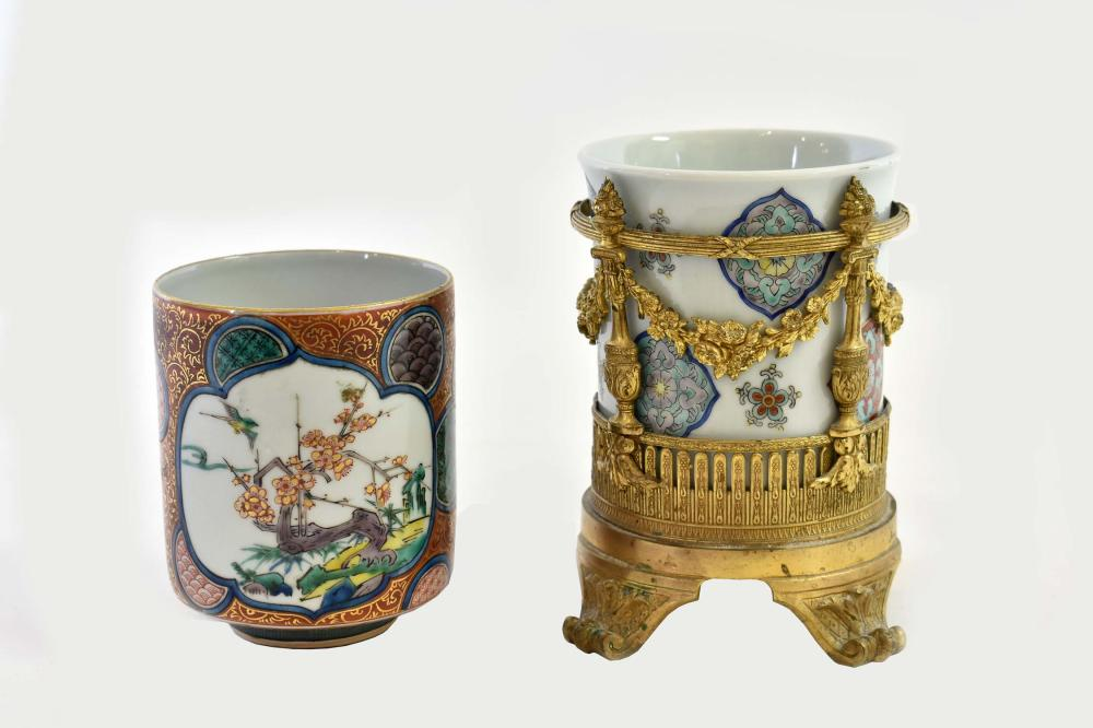 TWO JAPANESE POLYCHROME DECORATED PORCELAIN CUPS20th Century The first with