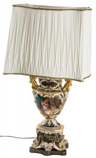 A CONTINENTAL ELECTRIFIED PORCELAIN VASE WITH HAND PAINTED GENRE SCENE