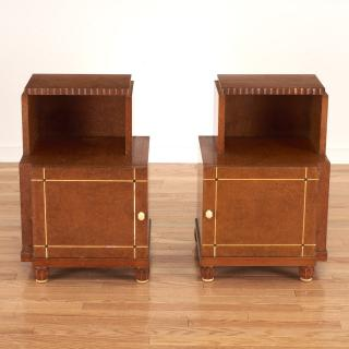 Pair Art Deco inlaid amboyna night tables Pair Art Deco