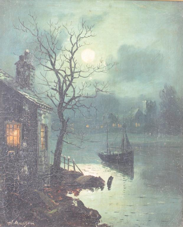 WALTER MEEGAN 1859 1944 A river side by moonlight and