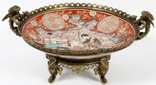 SATSUMA PORCELAIN CENTERPIECE BRONZE MOUNTS 19TH C SATSUMA PORCELAIN CENTERPIECE
