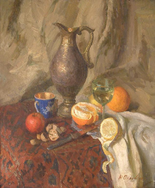 HELENA VOROBEVA Pewter Jug and Fruit signed and dated 1960