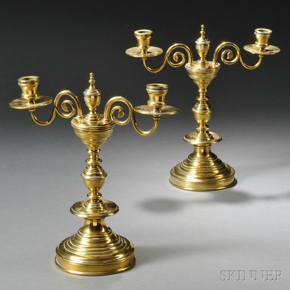 Pair of Classical Two light Brass Candelabra England or France