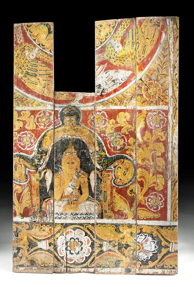 Huge 19th C Thai Painting on Wood Panels w Buddha