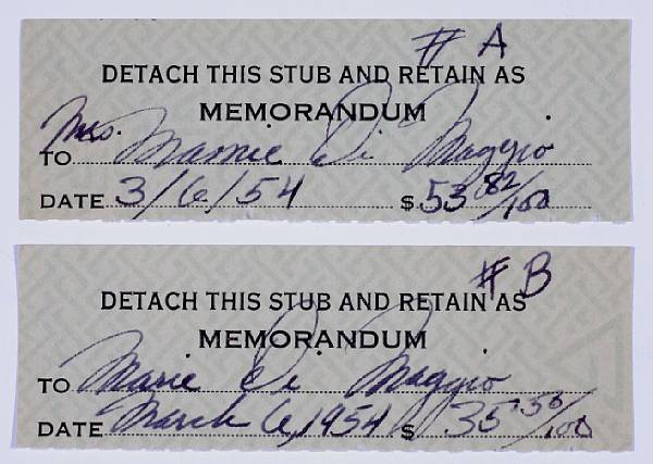 A Marilyn Monroe set of annotated checkbook stubs 1954 The