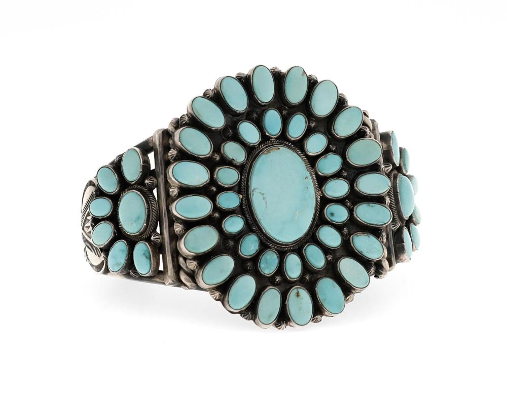 A Gary Reeves Navajo silver and turquoise cluster cuff bracelet