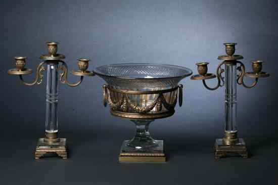 ASSEMBLED THREE PIECE FRENCH EMPIRE STYLE BRONZE DOR AND CRYSTAL
