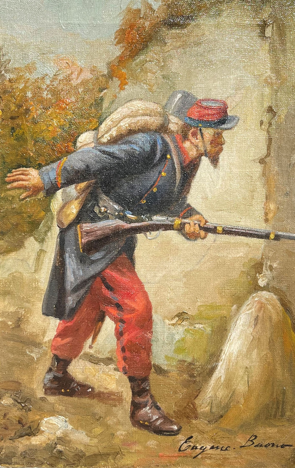 BUONO Eugenio Italian 1863 1954 Cautious French Soldier Oil Canvas