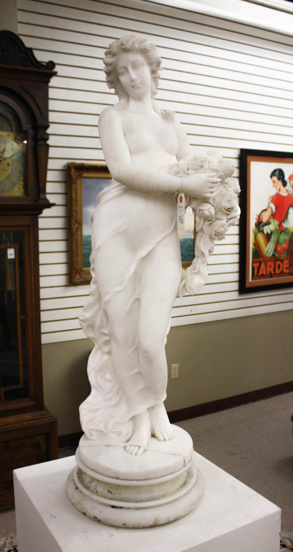 FIGURAL WHITE MARBLE SCULPTURE classic female figure holding roses 42