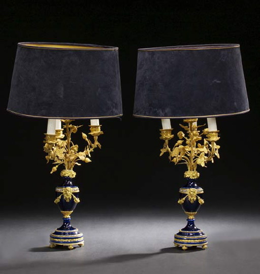 Good Pair of Sevres Style Gilt Brass Mounted Porcelain Vasiform