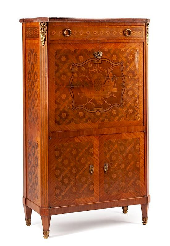 A Louis XVI Style Gilt Bronze Mounted Marquetry Secretaire a