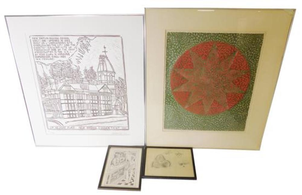 Four 20th C framed pieces the first a Mid Century