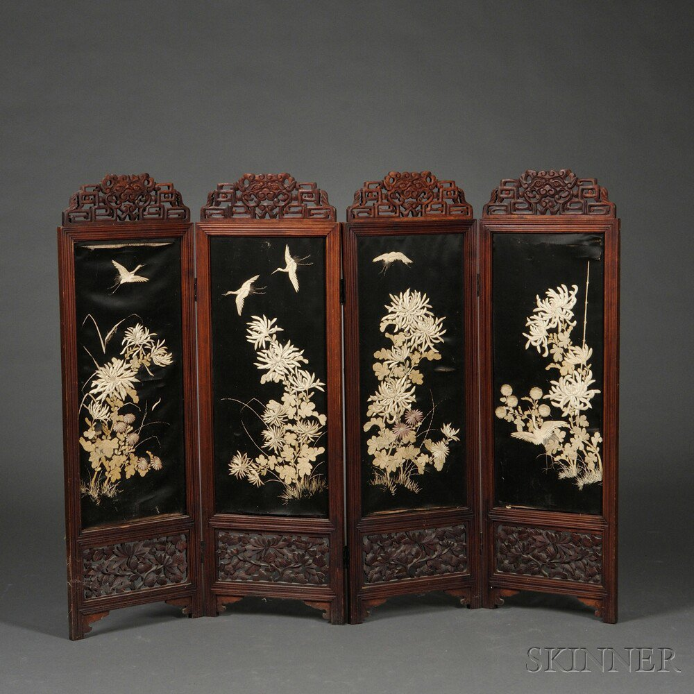 Four panel Folding Screen China 20th century comprising embroideries depicting