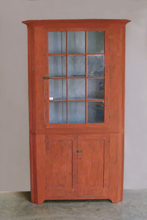 Red painted one piece corner cupboard 19th c 82 3