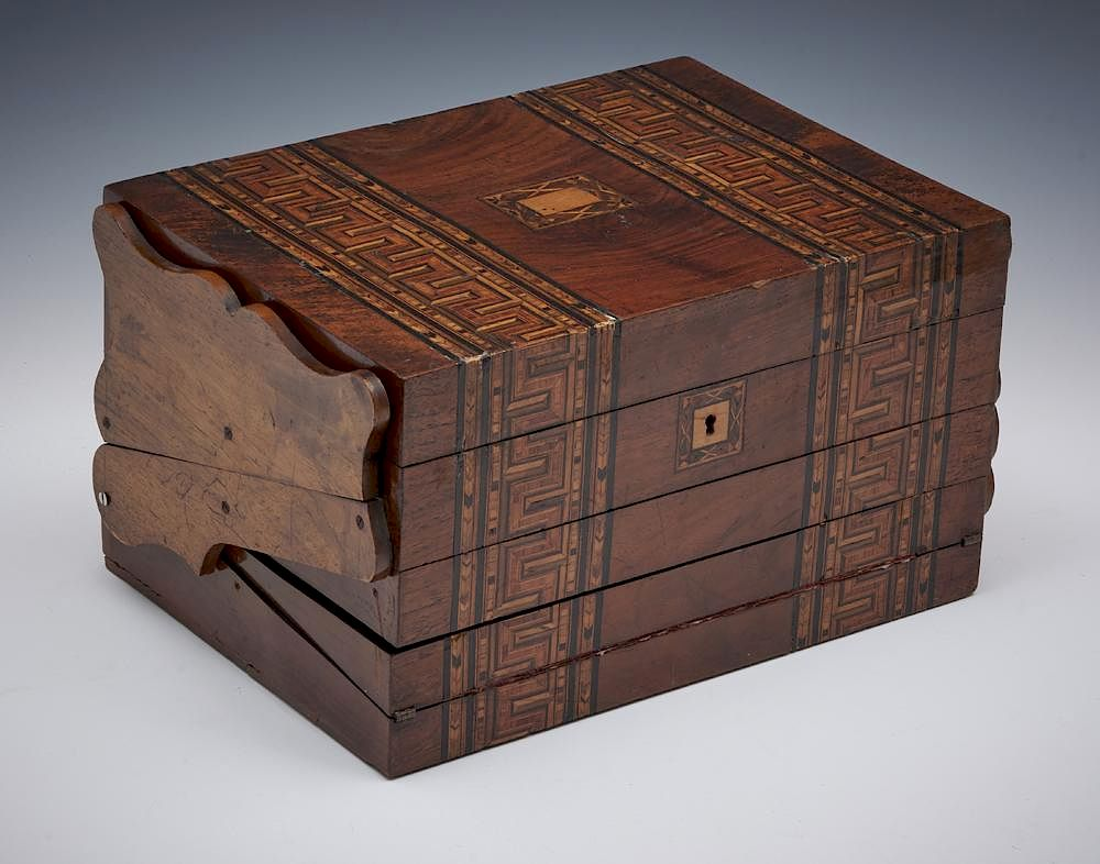 Tunbridge ware marquetry expanding jewelry box Tunbridge ware marquetry expanding